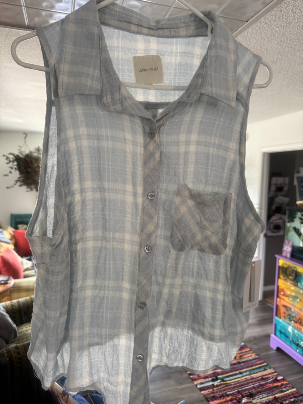 NWT Ultra Flirt Coastal Cowgirl Blue Plaid Tie Front Sleeveless Top 1X - Picture 6 of 12